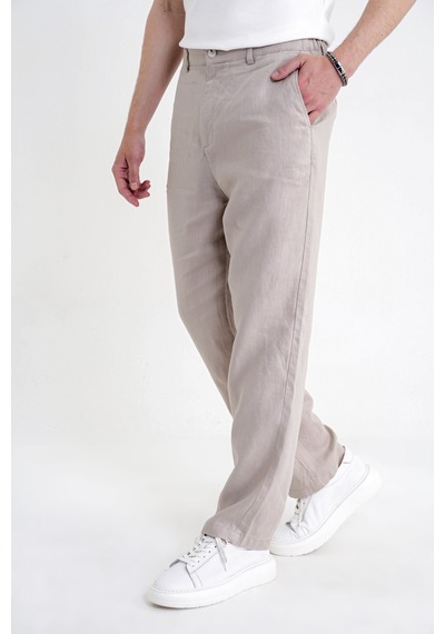 Oversize Kalıp Yan Cep Beli Lastikli Taş Keten Pantolon P 1216
