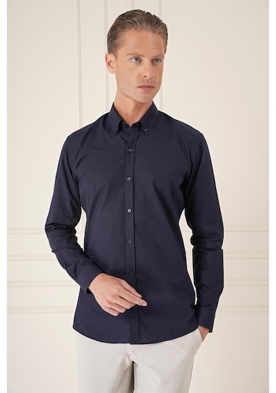 Efor Slim Fit Düğmeli Yaka Dokulu %100 Pamuk Klasik Lacivert Gömlek Gk 726 Lacivert