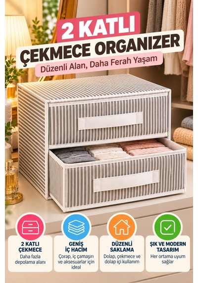 2 Katlı Çekmece Organizer Gri Çizgili Çorap İç Çamaşırı Dolap İçi Düzenleyici 31x30x22 Cm Organizer.