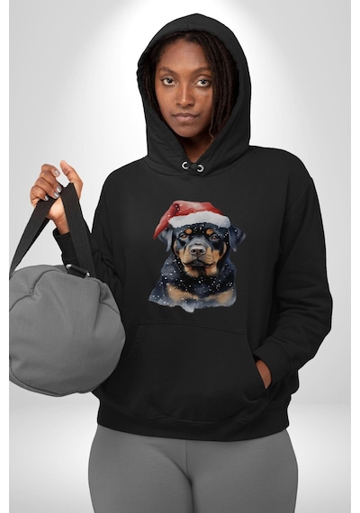 Yeni Yıl Noel Rottweiler Kadın Erkek Siyah Kapüşonlu Sweatshirt Hoodie Siyah