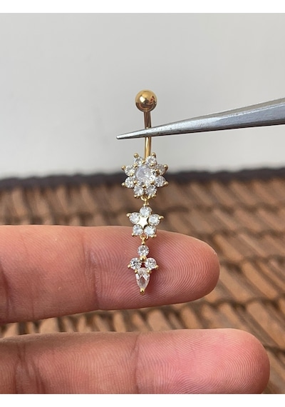 316 L Cerrahi Çelik Anti Alerjik Pırlanta Çiçek Modeli Parlak Taşlı Göbek Piercingi Altın