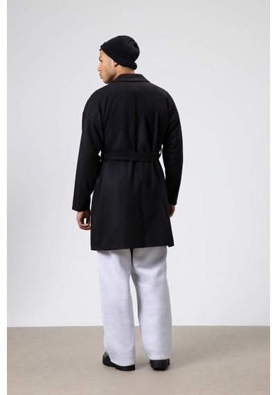 Vamos Kemerli Oversize Kaşe Kaban Siyah