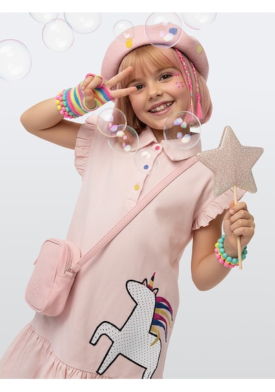 Kız Çocuk Elbise Unicorn Aplikeli %100 Pamuk Gömlek Stil Elbise 4-9 Yaş
