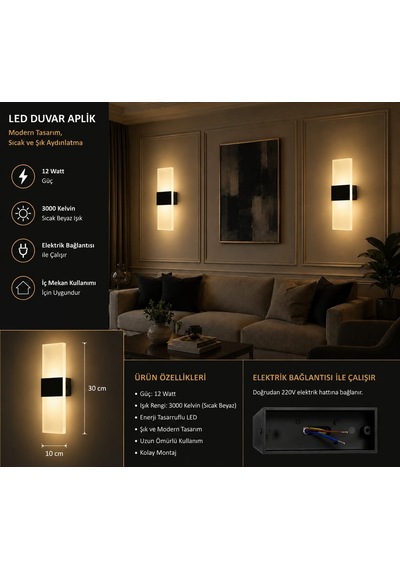 12 Watt 3000 Kelvin Modern Tasarım Salon, Yatakbaşı Aplik, Led Duvar Aplik Elektrikle Çalışır Beyaz