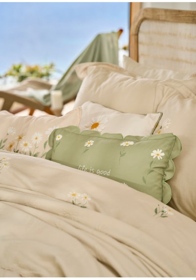 Bella Maison Daisy Volanlı Kenar Nakışlı Dekoratif Yastık Kılıfı Bej 35x50 Cm Bej