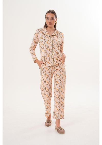 Çift Kaplan Kadın Pamuk Zeytin Desen Gömlek Yaka Yeşil Pijama Takımı 7032 Yeşil