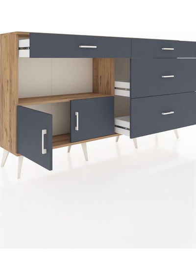 Arges Konsol Tek Raflı 4 Çekmeceli 2 Kapaklı 176x30x99 Çam-antras Çam-antrasit