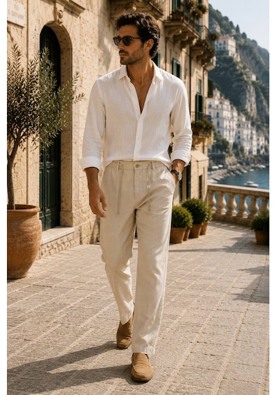 Danger Erkek Pamuk Viskon Kumaş Keten Görünümlü Bej Slim Fit Pantolon - 216dngr