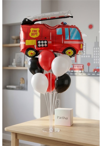 İtfaiye Arabası Balon Stand Seti Şeffaf 7 Li Stand + İtfaiye Arabası Folyo Balon 74 80 Cm + 7 Lateks Balon
