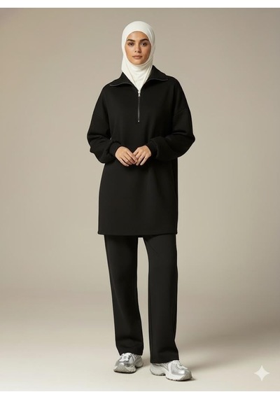Afri 3 İplik Şardonlu Siyah Oversize Fermuarlı Tunik Sweatshirt - Günlük Spor Elbise Siyah