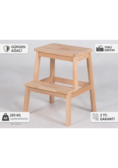 Bodur Masif Gürgen Ahşap Basamaklı Tabure Merdiven Standart Model