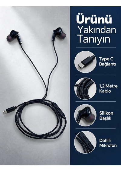 Ers Dahili Mikrofonlu Type C Kablolu Kulaklık Siyah Gövde