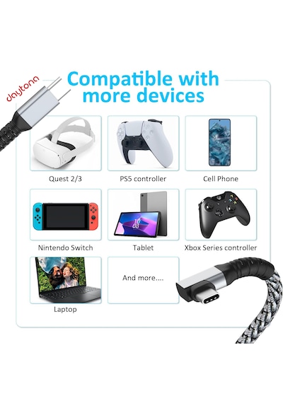 Daytona Vr-c Oculus Quest İle Uyumlu Vr5 Link Kablosu 5 M, 5gbps Usb 3.2 Gen 1 Hızlı Veri Aktarımı, Hızlı Şarj Usb-c, Quest 2 Uyumlu Type C To Type C Kablo