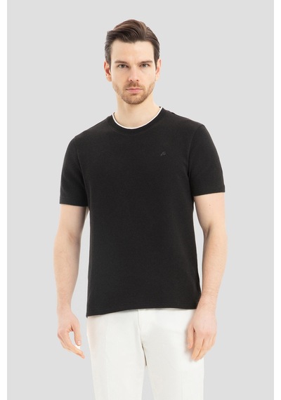 Bisiklet Yaka Dokulu Örme Erkek T-shirt Siyah Siyah