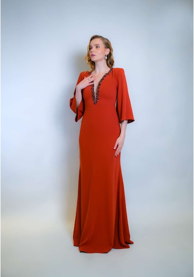 Crystalia Hazel Dress Krep Kumaş Taş İşlemeli - Tarçın Tarçın