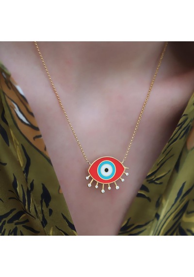Mine İşli Kırmızı Göz Modeli Gold Kaplama Trend Gümüş Kolye Gümüş