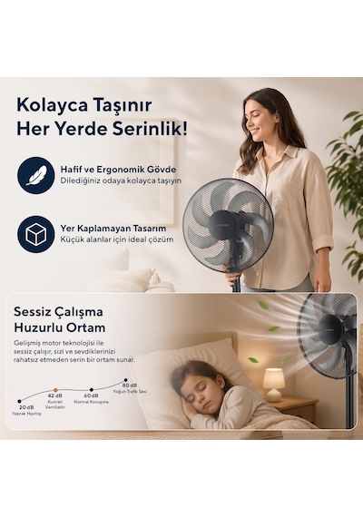 Kumtel Ktf-760 Siyah 16 İnç Ayaklı Vantilatör 50 W,7 Pervaneli,3 Kademeli, 130 Cm Yükseklik