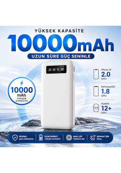 10000 Mah Powerbank 4 Ü 1 Arada Kablolu Taşınabilir Şarj Cihazı Dijital Göstergeli Type-c Micro Usb Lightning Usb-a Uyumlu Beyaz