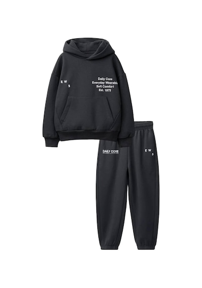 Magu Çocuk Pamuklu Daily Core Baskılı Siyah Kapüşonlu Sweatshirt Ve Eşofman Altı Takımı Çok Renkli