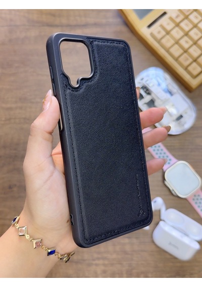Samsung Galaxy A12 Uyumlu Premium Deri Dokulu Darbelere Karşı Dayanıklı Nazal Silikon Kılıf Siyah