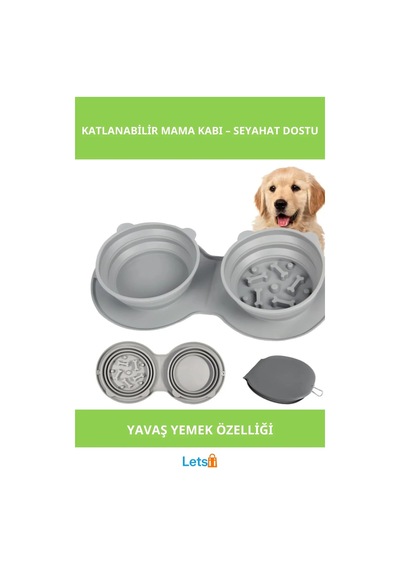 Katlanabilir İkili Mama Ve Su Kabı Yavaş Yeme Özellikli Gri Çok Renkli