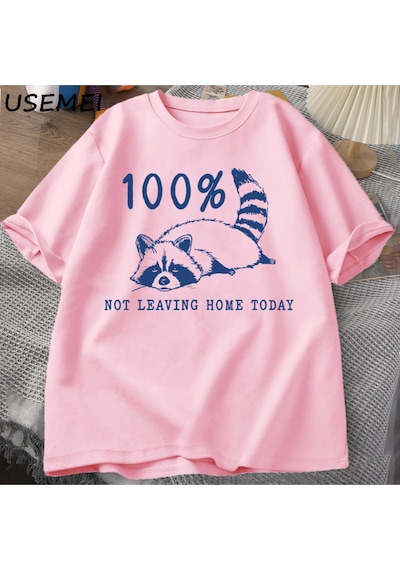 Flood Of Style 100% Bugün Evden Ayrılmıyor T Shirt Kısa Kollu Rakun Yorgun Yorgun T-shirt Anne Hayat Vintage Pembe