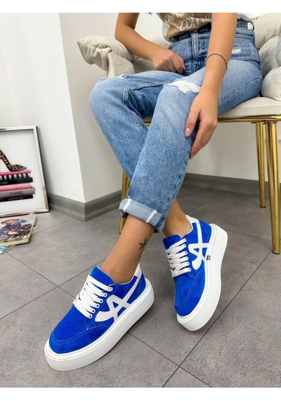 Erva'nın Butiği Mavi Beyaz Tig Kadın Bağcıklı Sneakers-4892 Mavi Beyaz Süet