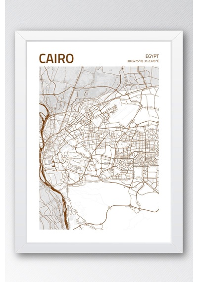 Kahire Mısır Cairo-egypt Haritası Çerçeveli Tablo Lüks Salon Duvar Dekorasyonu Hediyelik Tablo Beyaz