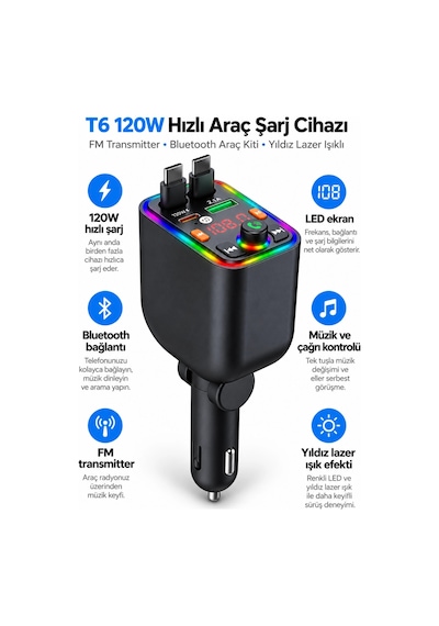 Castu T6 120w Hızlı Araç Şarj Cihazı Fm Transmitter Bluetooth Araç Kit Yıldız Lazer Işıklı