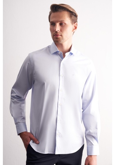 İmza Açık Mavi Yarım İtalyan Yaka Saten Uzun Kol Premium Slim Fit %100 Pamuk Gömlek 1004255195 Açık Mavi