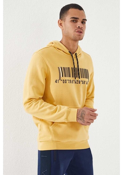 Tommy Life Hardal Nakışlı Kanguru Cep Standart Kalıp Kapüşonlu Erkek Sweatshirt - 87839 HARDAL Hardal