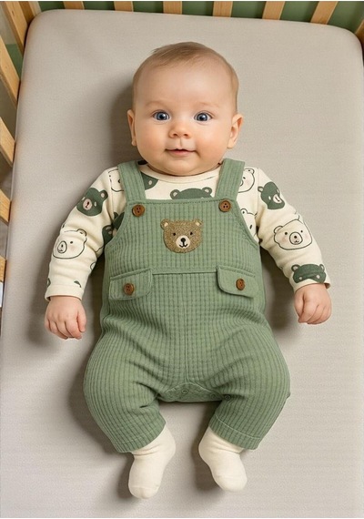 Altıntaş Baby Ayı Nakışlı Bebek Tulum Yeşil Yeşil