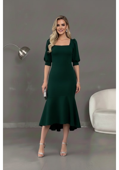 Defymoda Kadın Balık Model Cazibeli Elbise Yeşil