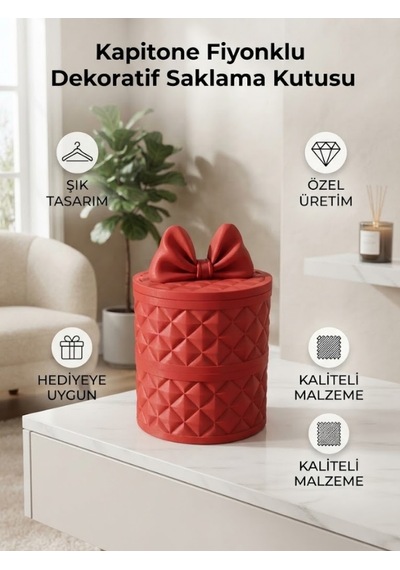 Dekoratif Kapitone Fiyonklu Kutu Ve Şık Takı Saklama Kabı Kırmızı