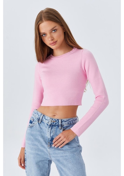 Mixray 6727 Kadın Bisiklet Yaka Crop Triko Kazak Pembe Pembe