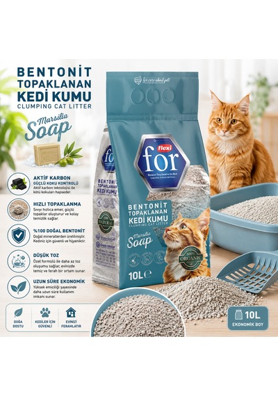 Marsilya Sabunu Kokulu Bentonit Topaklanan Premium Kedi Kumu 10 L - Tozsuz - İnce Taneli