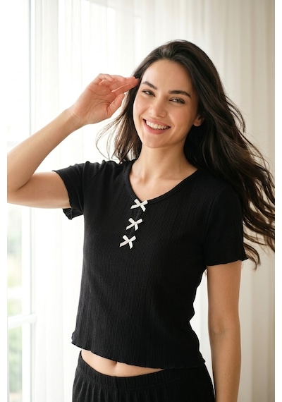Aura Collections Kadın Bambu Viskon Transfer Ribana Kısa Kollu Düğmeli Pijama Takımı Siyah