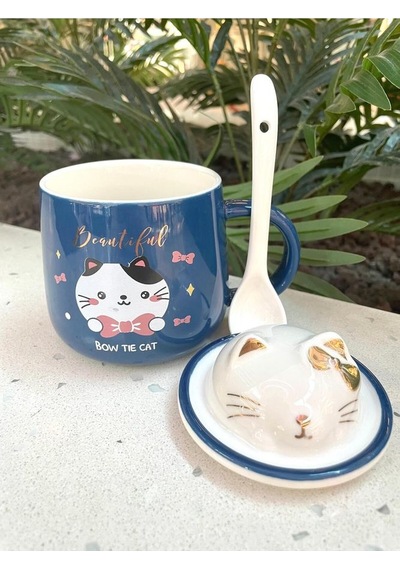 Kawai 3d Kedi Kapaklı Kaşıklı Kupa Bardak Lacivert