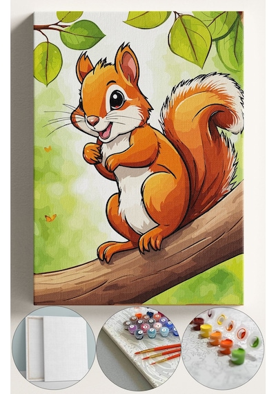 Çocuk Sayılarla Boyama Numaralı Tuval Seti Fırça Boya Dahil 40x50 Cm Bebek Sincap