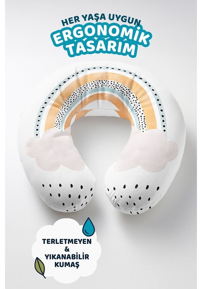 Pastel Gökkuşağı Bulut Desenli Ergonomik Boyun Yastığı - Modern Çizgili Sarı Mavi Seyahat Yastığı Canlı Kumlu Pas