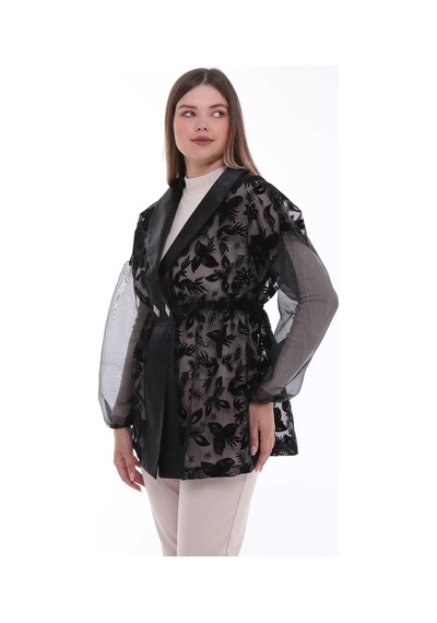 Furrier Organze Flok Baskılı Saten Detaylı Ceket Siyah