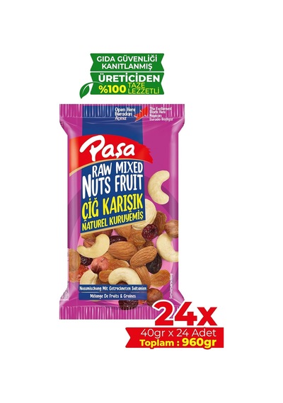 Naturel Çiğ Karışık Kuruyemiş, 24x40gr Paket, Toplam 960gr Fındık, Badem, Kuru Üzüm, Turna Yemişi, Kaju Diğer