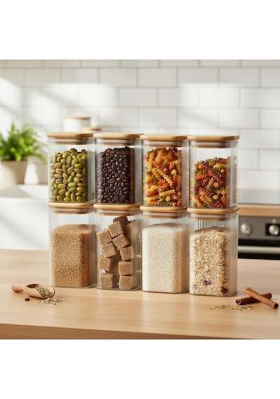 6'li Set 425 Ml Bambu Kapaklı Kare Cam Kavanoz - 6x12 Cm Vakumlu Uzun Boy Şeffaf Erzak Kabı Kahve Çay Baharatlık Ve Genel