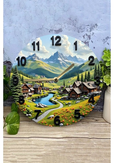 Alpine Dream Dağ Evleri Temalı Manzara Mdf Duvar Saati Sessiz Mekanizma Sdw222 Renkli