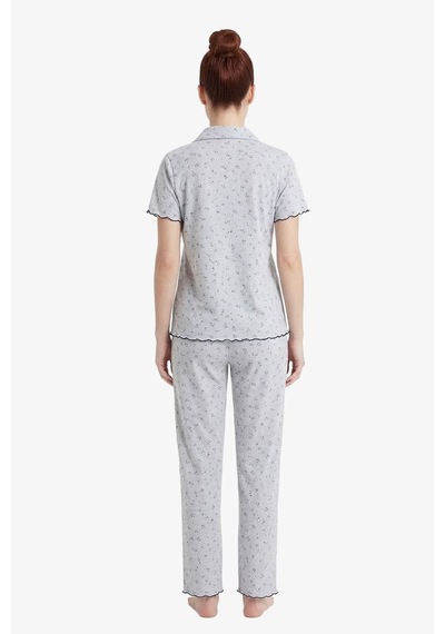 Cottonhill Gri Çiçek Desenli Pointel Gömlek Yaka Kadın Pijama Takımı Okyanus