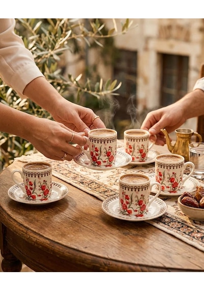 6'lı Çiçek Desenli Türk Kahvesi Fincan Takımı 6 Kişilik, Vintage Kahve Fincanı Seti Yeşil - Altın