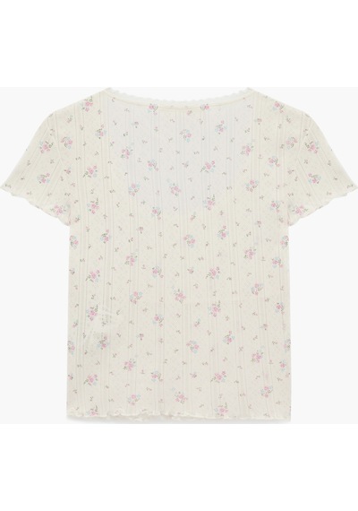 Koton Pamuklu Yuvarlak Yaka Kısa Kollu Çiçek Desenli Pijama Üstü Ekru Desenli 6slk40180mk