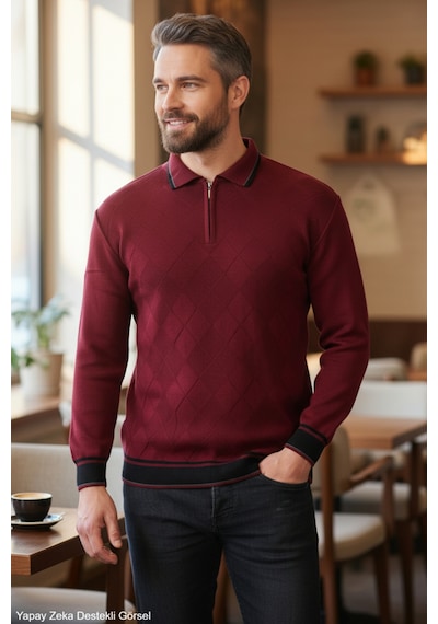 Kamalı Erkek Bordo Tüylenme Yapmayan Anti-pilling Standart Fit Normal Kesim Premium Polo Yaka Triko Kazak