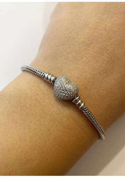 Kadın Taşlı Kalp Model Charm İçin Uygun Gümüş Bileklik 20 Cm Gümüş