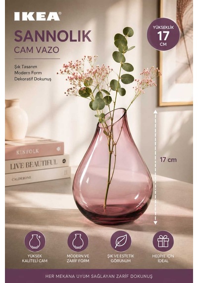 Sannolık Dekoratif Üfleme Cam Vazo Pembe - 910271036 Pembe